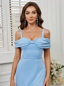 SHEIN Belle 鏤空肩高側開叉魚尾伴娘服 - 藍色 - 查看 6