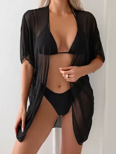 Swim Basics Cárdigan Kimono De Malla De Color Sólido Para Mujer