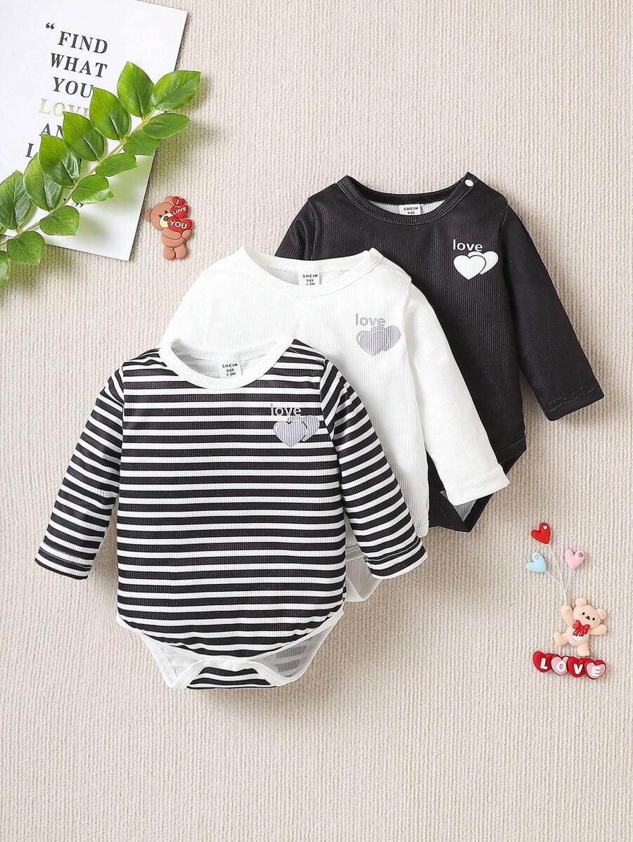 SHEIN Em bé Con trai Đơn giản Tim & Lá thư In Romper Bộ Với 3 cái Của Giải trí Trang phục mặc nhà - Nhiều màu - Xem 1