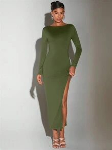 SHEIN BAE Vestido Sin Espalda Con Abertura Lateral Alta De Color Liso Para Mujer - Verde militar - Ver 3