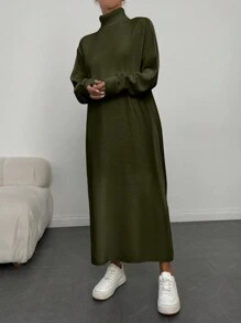 EURMUSE Women's Turtleneck Drop Shoulder Long Sleeve Sweater Dress - Khaki - View 5