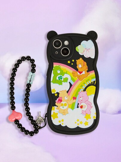 ROMWE X Care Bears Decoración De Funda De Teléfono Celular Con Correa Con Cuentas De Corazón Con Patrón De Oso Y Arcoíris, Tamaño Regular