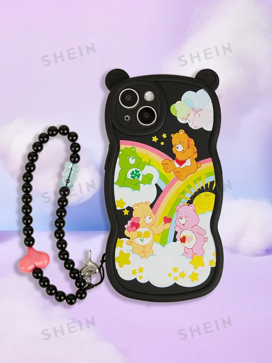ROMWE X Care Bears Decoración De Funda De Teléfono Celular Con Correa Con Cuentas De Corazón Con Patrón De Oso Y Arcoíris, Tamaño Regular
