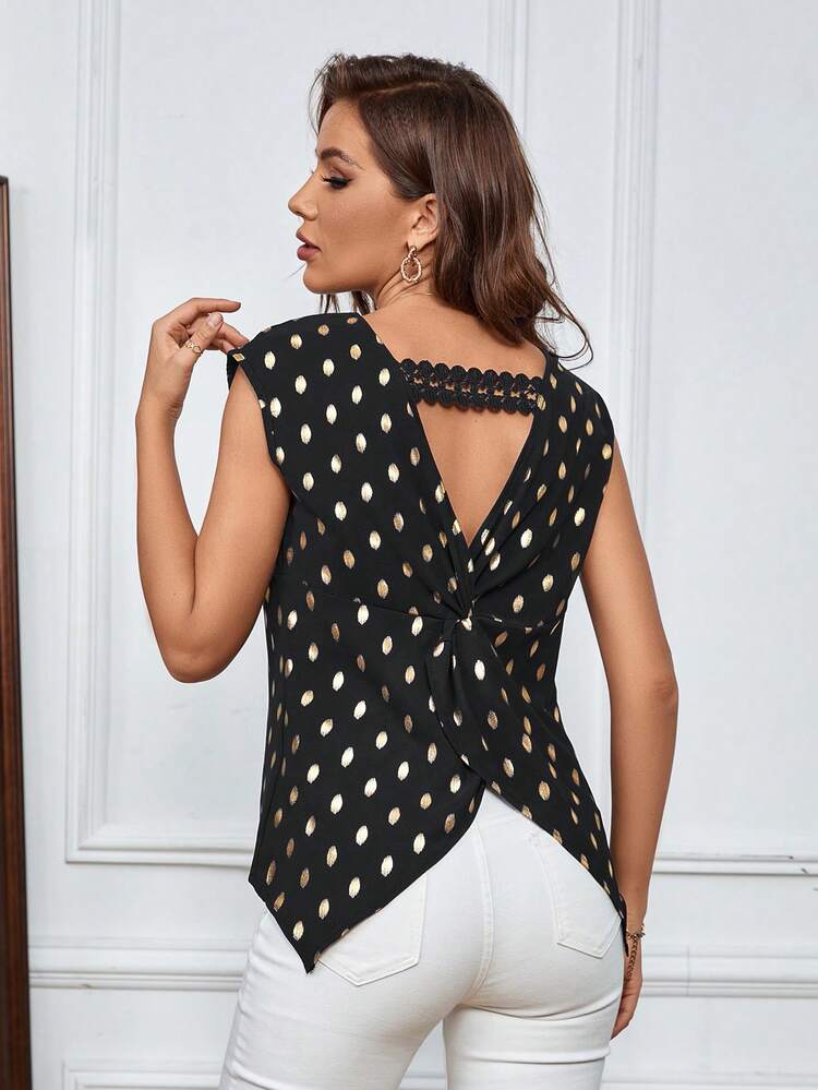 Polka Dot Print Twist Back Hollow Out Shirt