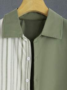 SHEIN Tween 男孩撞色條紋拼布襯衫 - 綠色 - 查看 4