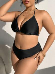 SHEIN Swim Curve Bộ bikini cổ yếm cỡ lớn cho nữ (4 món), Set bikini rời đi biển mùa hè - màu đen - Xem 5