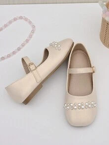 女童/中大童婚禮舞臺珍珠嵌花公主珍平底鞋 - 杏色 - 查看 4