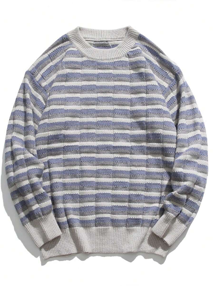 男款寬鬆圓領休閒通勤毛衣,秋冬季,情侶風格 - 藍色 - 查看 1