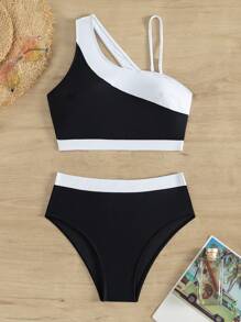 SHEIN Swim Summer Beach Color Blocking Swimwear Set - Black and White - View 3