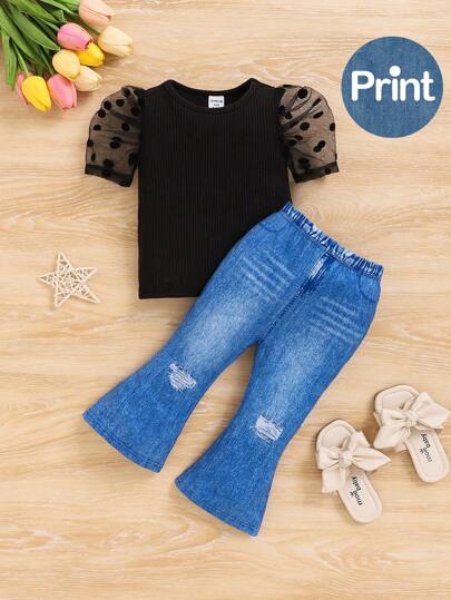 嬰兒女童針織拼接波點網眼短袖上衣和喇叭褲套裝