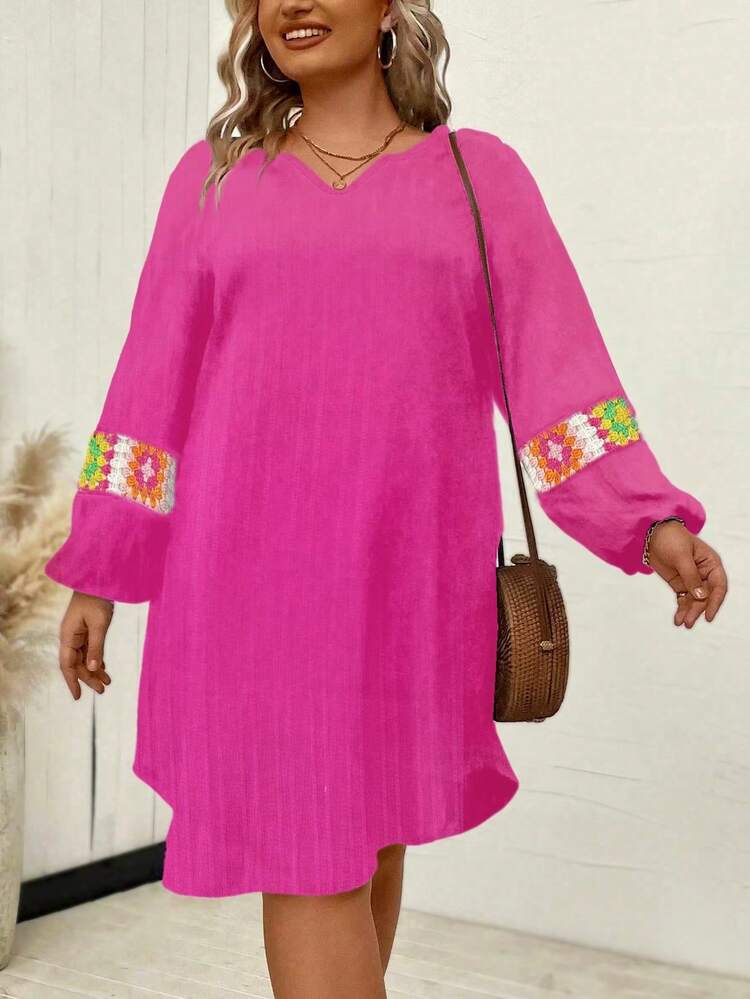 Plus Size Crochet Patchwork Lantern Sleeve Notched Collar Dress Fall Cloth For Women