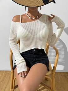 Breezaya 女士纯色长袖针织套头衫秋冬毛衣 - 杏色 - 查看 1