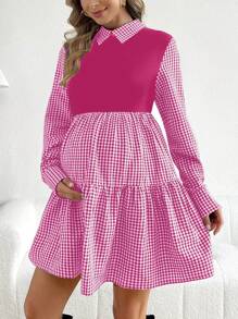 SHEIN Maternity Plaid Patchwork Dress - Pink - View 4