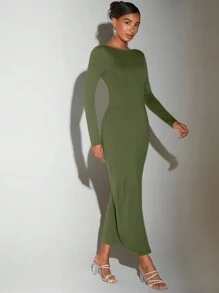 SHEIN BAE Vestido Sin Espalda Con Abertura Lateral Alta De Color Liso Para Mujer - Verde militar - Ver 6