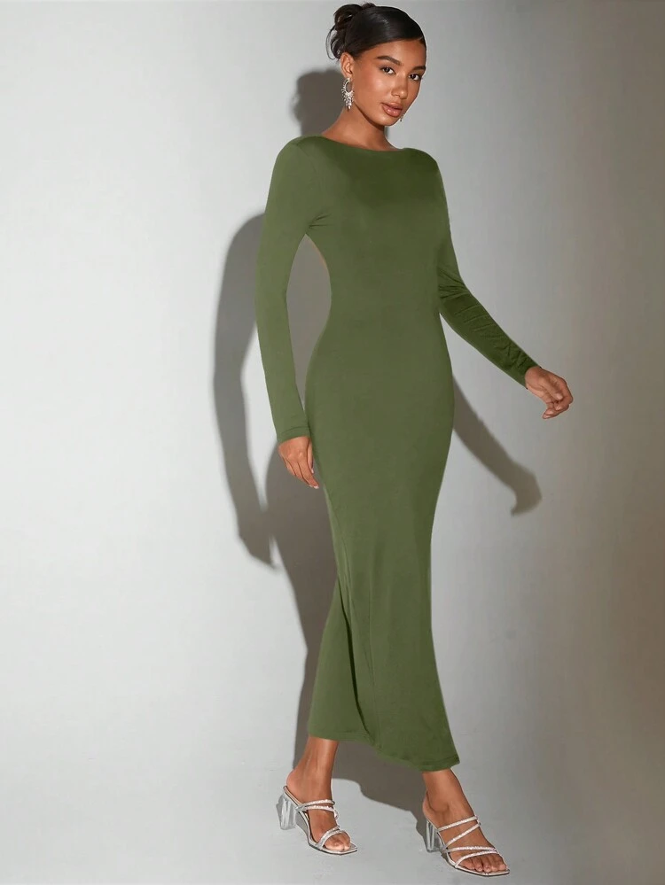 Ladies' Solid Color High Side Split Backless Dress