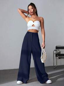 Solid Color High Waist Pants - 藏蓝色 - 查看 6