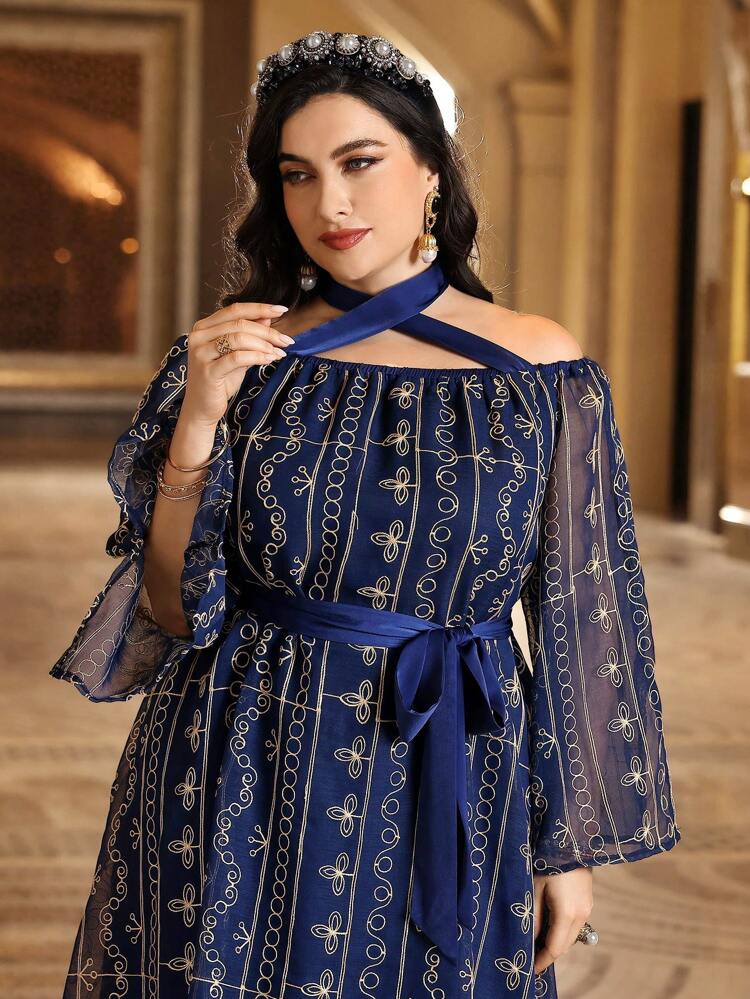 Plus Size Women'S Full Printed Cross Collar Dress Long Evening Dresses