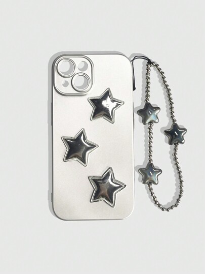 Grunge Punk 1pc Punk Style Silver 3d Star Plated Phone Case, Full Coverage Tpu Material Cover With High-End Star Chain, Compatible With Apple 13/14/15 Pro Max