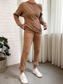 EURMUSE Conjunto De 2 Peças De Pulôver Casual De Malha Com Cor Sólida Para Mulheres - Damasco - Ver 4
