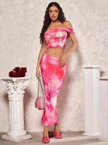 SHEIN BAE Open Shoulder Cropped Mesh Top With Lettuce Hem - Multicolor - View 1