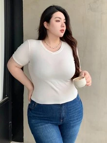 Dazy Plus Áo thun nữ cổ chữ V trơn đơn giản Slim Fit cơ bản - trắng - Xem 4