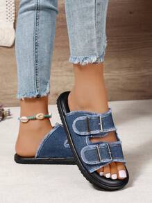 女款牛仔面料平底涼鞋,帶扣裝置,柔軟底部,開放式前端,舒適易穿脫 - 藍色 - 查看 3