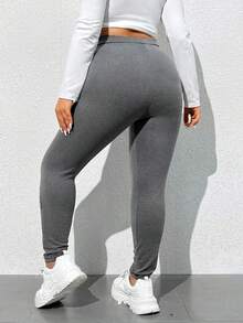 SHEIN EZwear 大码女式针织字母印花长款高腰保暖内衬紧身裤 - 灰色 - 查看 4