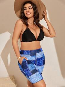 SHEIN Swim Curve 大码牛仔效果印花游泳短裤音乐节 - 彩色 - 查看 6
