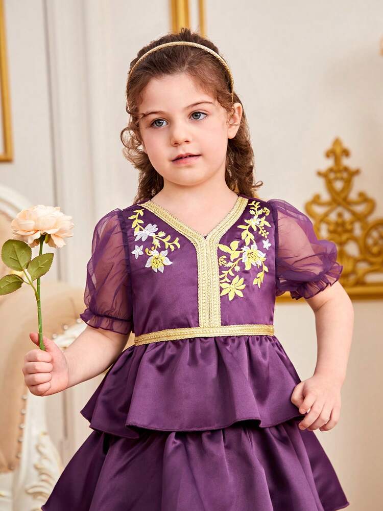 Little Girls' Floral Embroidery Multi-Layered Short Puff Sleeve Dress With Ruffled Hem