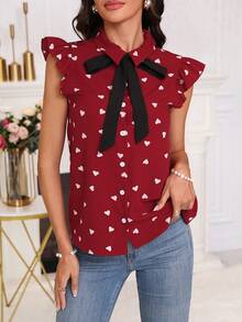 SHEIN Clasi 女色塊領結細部心形印花襯衫 - 紅色 - 查看 3