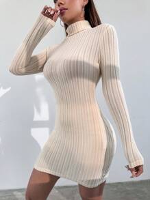 SHEIN PETITE 高領長袖連衣裙 - 杏色 - 查看 3