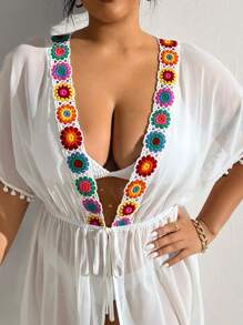 SHEIN Swim Curve 大尺碼女士花卉拼接毛球和服 - 白色 - 查看 4