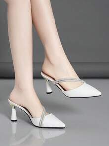 女式尖头细高跟鞋，低鞋面，镂空水钻装饰 - 白色 - 查看 2