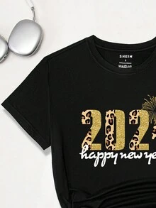 SHEIN EZwear Women's 2024 Happy New Year Printed Short Sleeve T-Shirt - Black - View 4