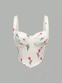 Sweetra 女士花卉印花打褶背心上衣 - 白色 - 查看 1