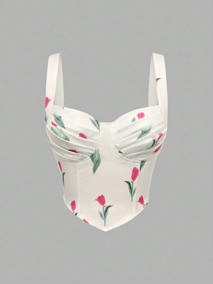 Sweetra 女士花卉印花打褶背心上衣 - 白色 - 查看 1