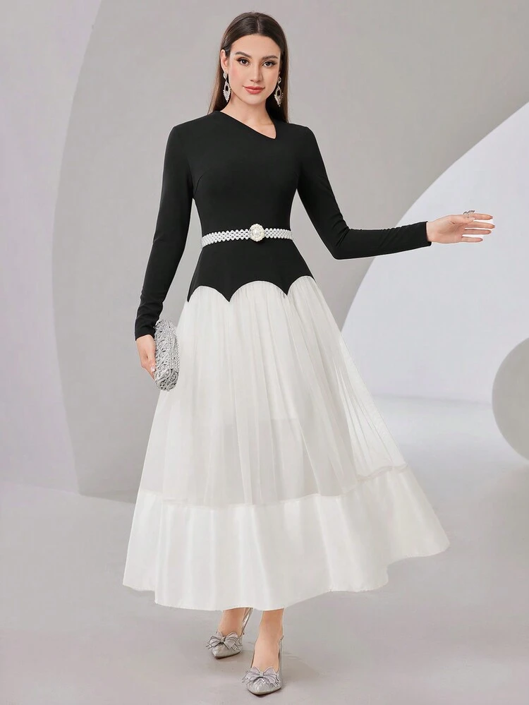 Women'S Long Sleeve Color Block Dress (Without Waist Chain) Long Evening Dresses