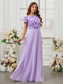 SHEIN Belle Thêu hoa U-Back Váy phù dâu Với 3D Hiệu ứng Hoa ( Người lớn ) - Màu tím hoa cà - Xem 3
