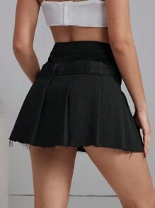 SHEIN EZwear 女性磨損邊褶皺牛仔裙 - 黑色 - 查看 3