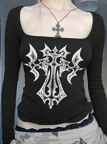 INAWLY Camiseta de manga larga con cuello redondo y estampado en estilo gótico para mujeres, para primavera y otoño - Negro - Ver 3