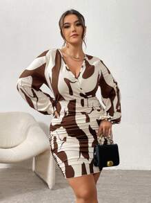 Firerie Plus Size Lantern Sleeve Wrap Neckline Long Dress - Brown - View 7