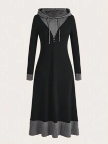 EMERY ROSE 2 In 1 Panel Cable Knit Hooded Dress With Jacquard Pattern (Random Design) - Black - View 1
