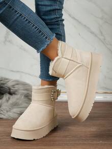 女式帶扣設計內墊毛滑冰鞋,圓頭粗底冬季雪地靴,米白色,適合日常穿著和通勤 - 米色 - 查看 5