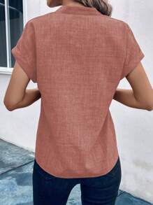 SHEIN LUNE Blusa De Manga Corta De Ala De Murciélago Con Cuello En V Cortado - Rosa coral - Ver 2