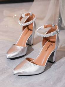 Timesize Tacones Plateados Con Ribetes De Estrás Y Tiras - Plateado - Ver 3