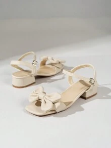 女用簡單蝴蝶結和露趾高跟涼鞋,踝帶,白色 - 米色 - 查看 2