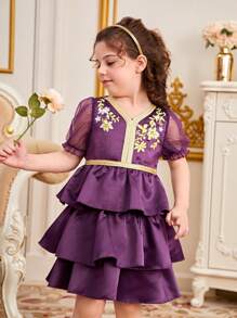 SHEIN Nhỏ bé Cô gái Thêu hoa Nhiều lớp Ngắn Ống tay áo Đầm Với Ruffled Hem - Màu tím - Xem 3