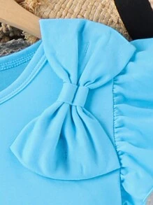 Camiseta azul de manga corta con decoración de lazo, perfecta para vestimentas casuales de verano para niñas preadolescentes - Celeste - Ver 3