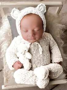 新生兒男寶寶的毛絨熊耳兜帽連襪連體短衣,攝影服飾套裝 - 白色 - 查看 1