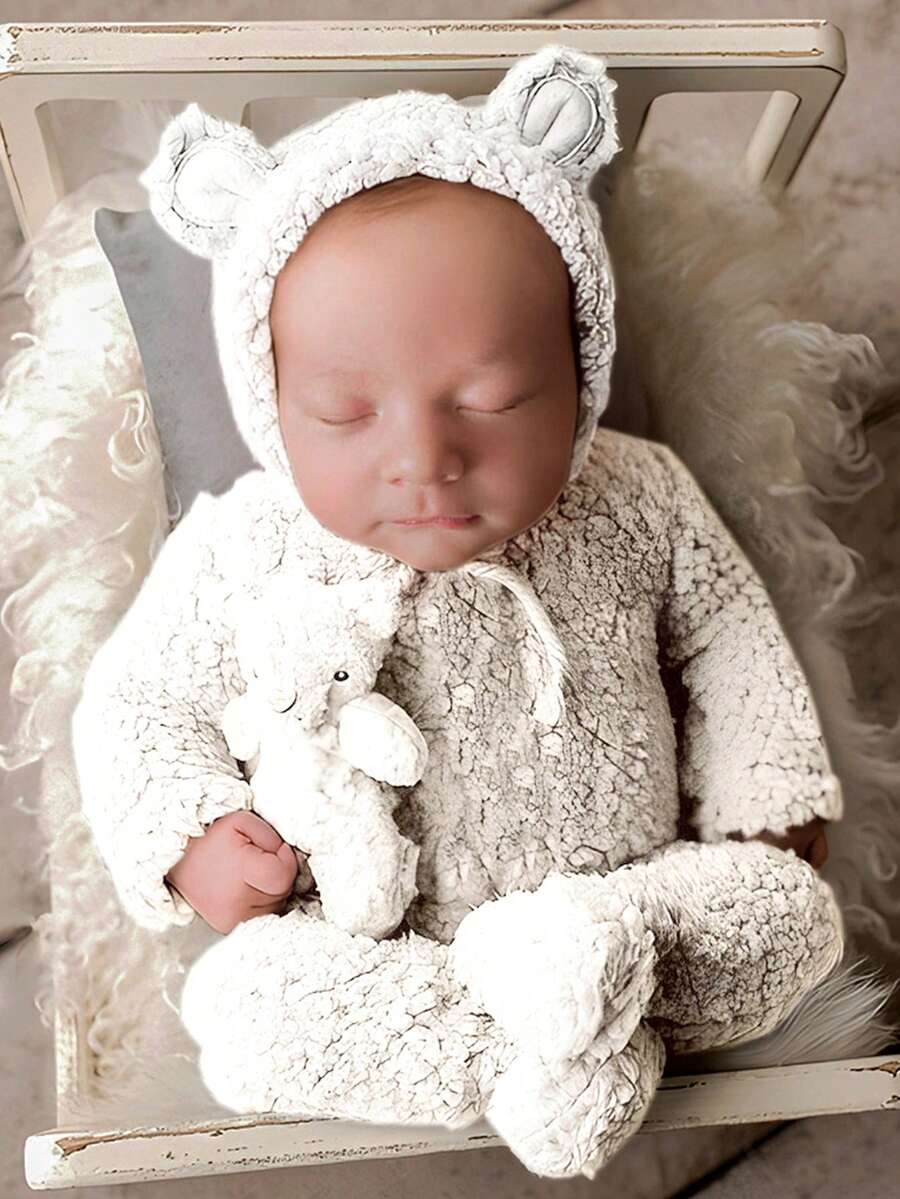 新生兒男寶寶的毛絨熊耳兜帽連襪連體短衣,攝影服飾套裝 - 白色 - 查看 1